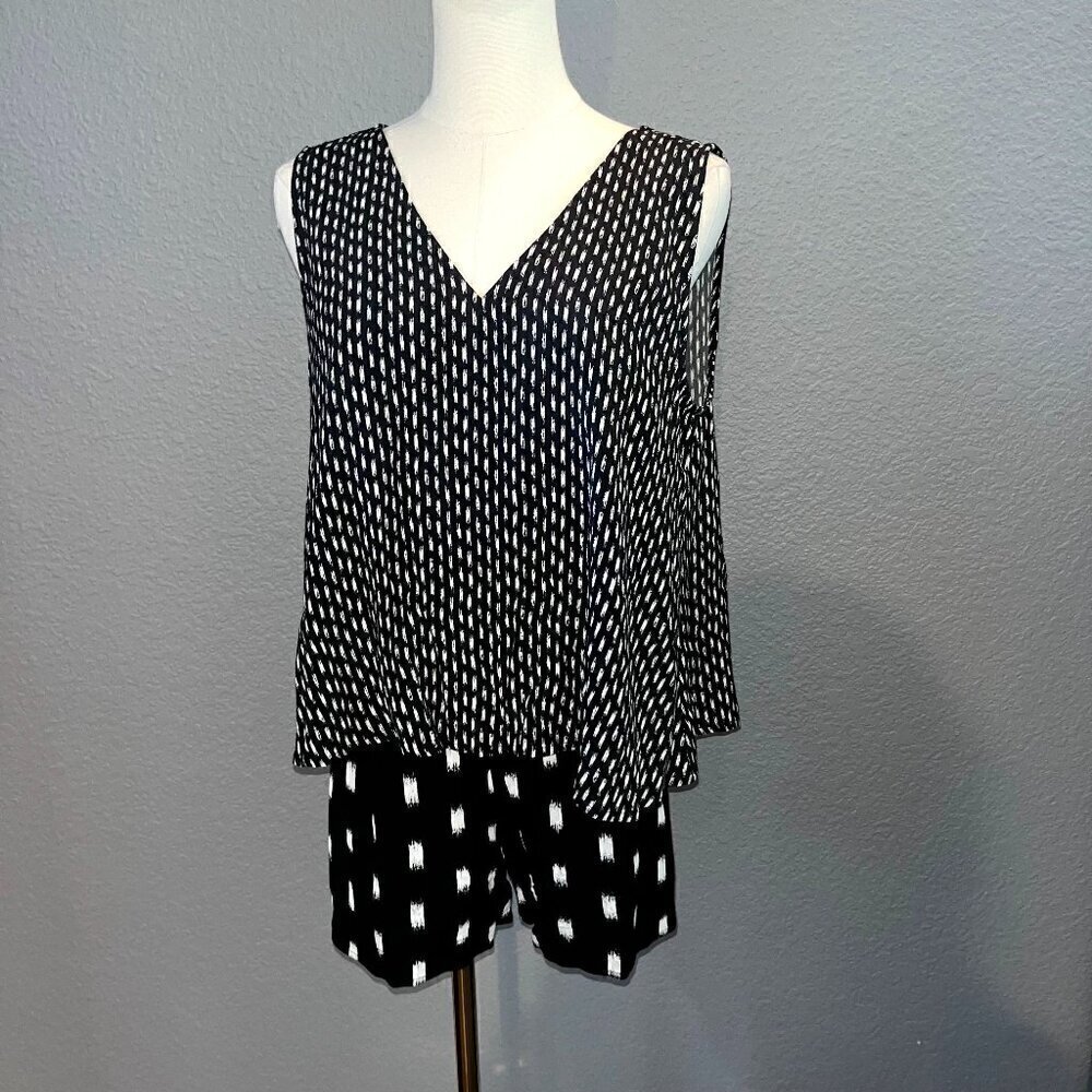 MADEWELL Black & White Tribal Print Ikat Brush Overlay Romper Open Back - EUC XS